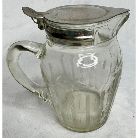 VTG Glass Syrup Pitcher With Metal Lid Etched Floral Design Marked E & JB 1916 - Picture 5 of 13